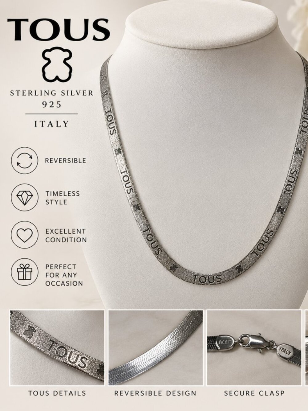 TOUS 925 Sterling Silver Italy Reversible Herringbone Necklace 42cm